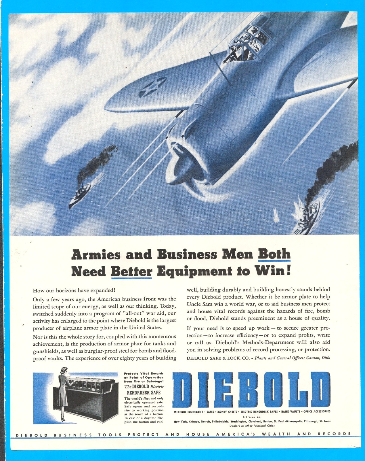 Diebold airplane armor fighter plane Canton Ohio vintage print ad 1942 WWII