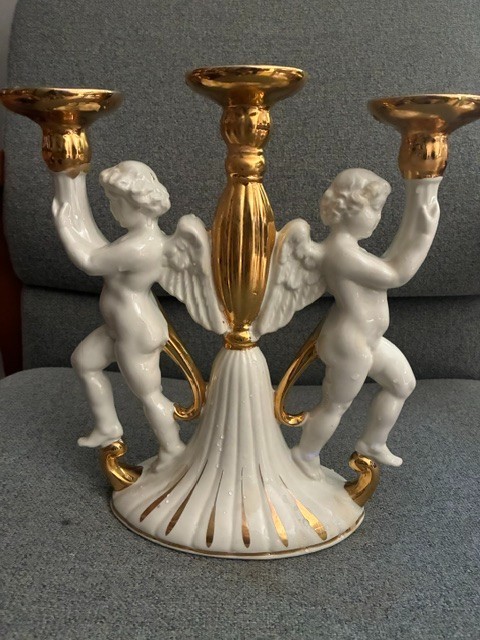 Vintage Italian Three Arm Candelabra. Porcelain hand made in Italy. Gilded.