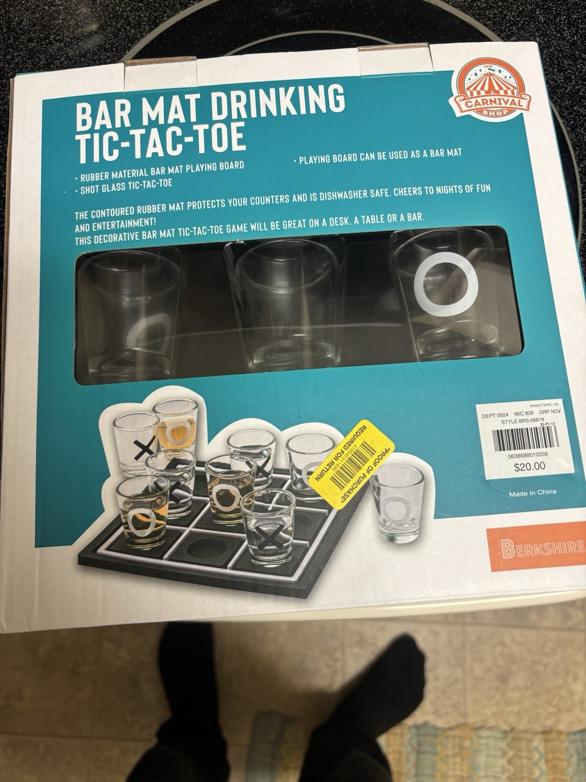 Berkshire Bar Mat Tic-Tac-Toe Drinking Game Set Rubber Mat w/ Shot Glasses