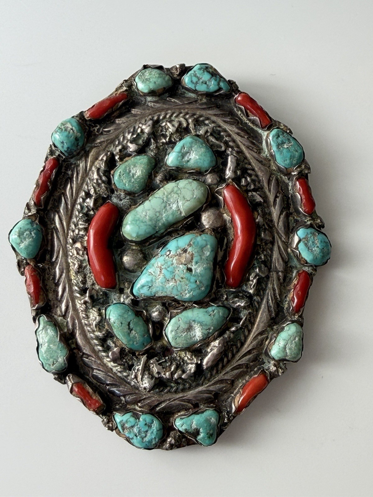 Vintage signed Native American Stirling Silver Turquoise & Coral Bolo Tie Vintage signed Native American Stirling Silver Turquoise & Coral Bolo Tie