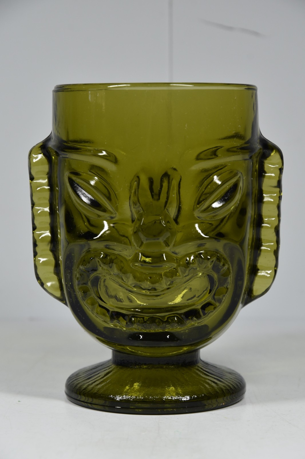 Vintage Green Glass Tiki Vase Cup Collectible Luau Goblet Hawaiian Happy/Sad 6