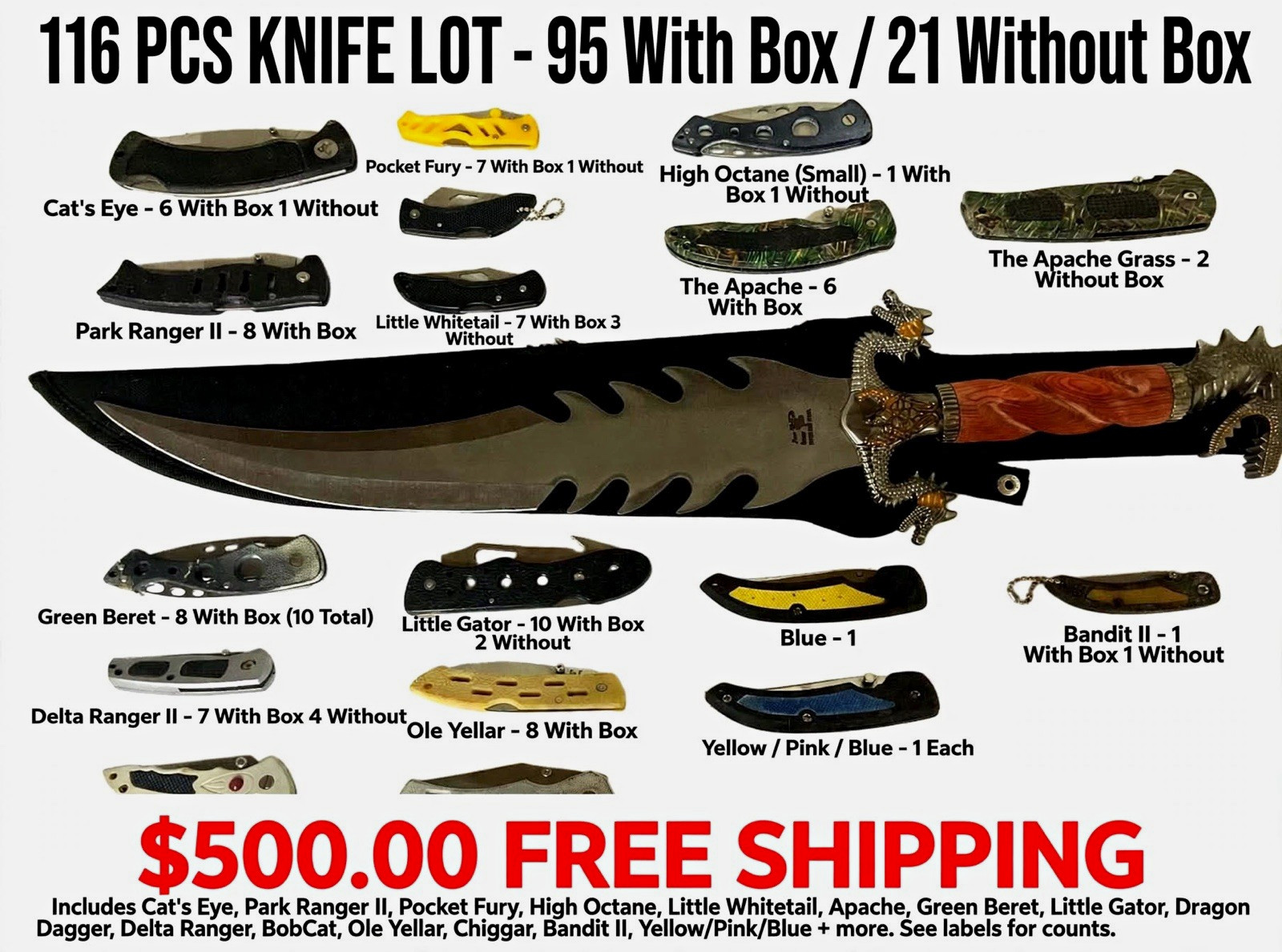 116pc Folding Knife Lot, Stainless Steel Clip Point, Liner Lock, Multicolor 116pc Folding Knife Lot, Stainless Steel Clip Point, Liner Lock, Multicolor