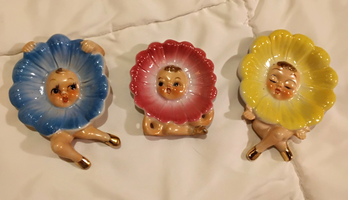3 VTG. Anthropomorphic Flower Tea Bag Holders Japan  Figurines Blue Pink Yellow