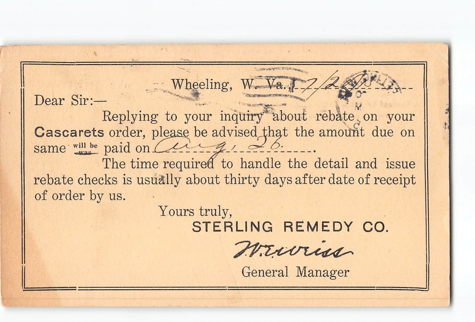 Wheeling West Virginia WV Postcard 1915 Sterling Remedy Co. Printed Rebate