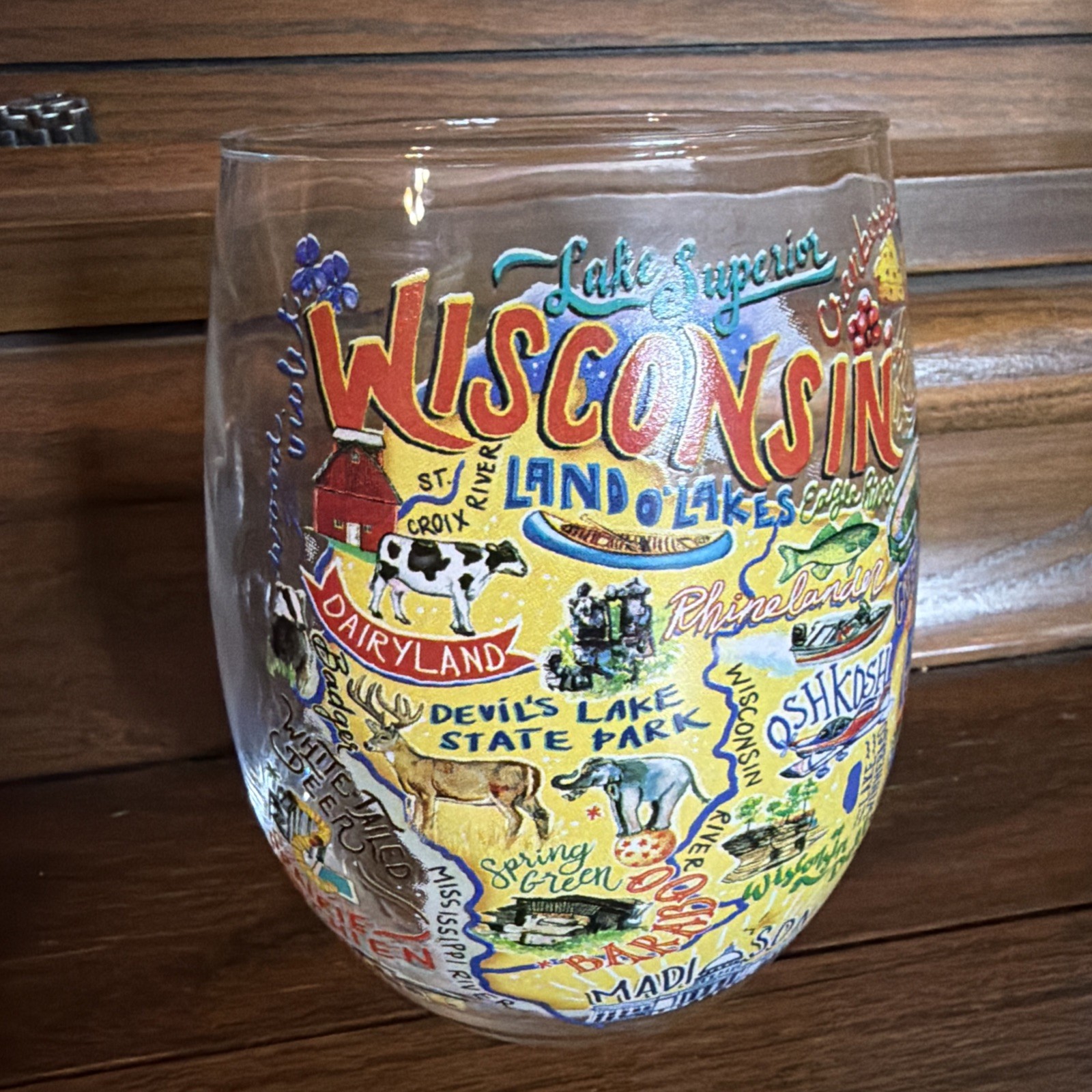 20 oz Stemless Wine Glass Wisconsin Map Door County Devils Lake Dells Oshkosh