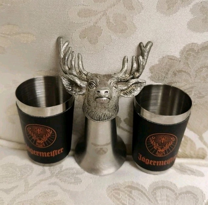 Jägermeister Shot Glasses - 1 Pewter Deer Stag Head & 2 Leather Wrapped Metal