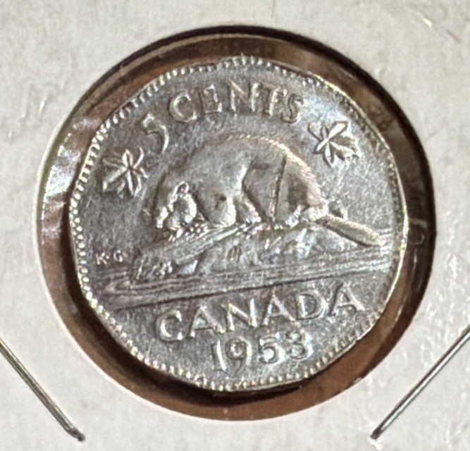 1953 CANADA 5 CENTS CHROMIUM NICKEL PLATED SREEL COIN-21.2MM-KM#50