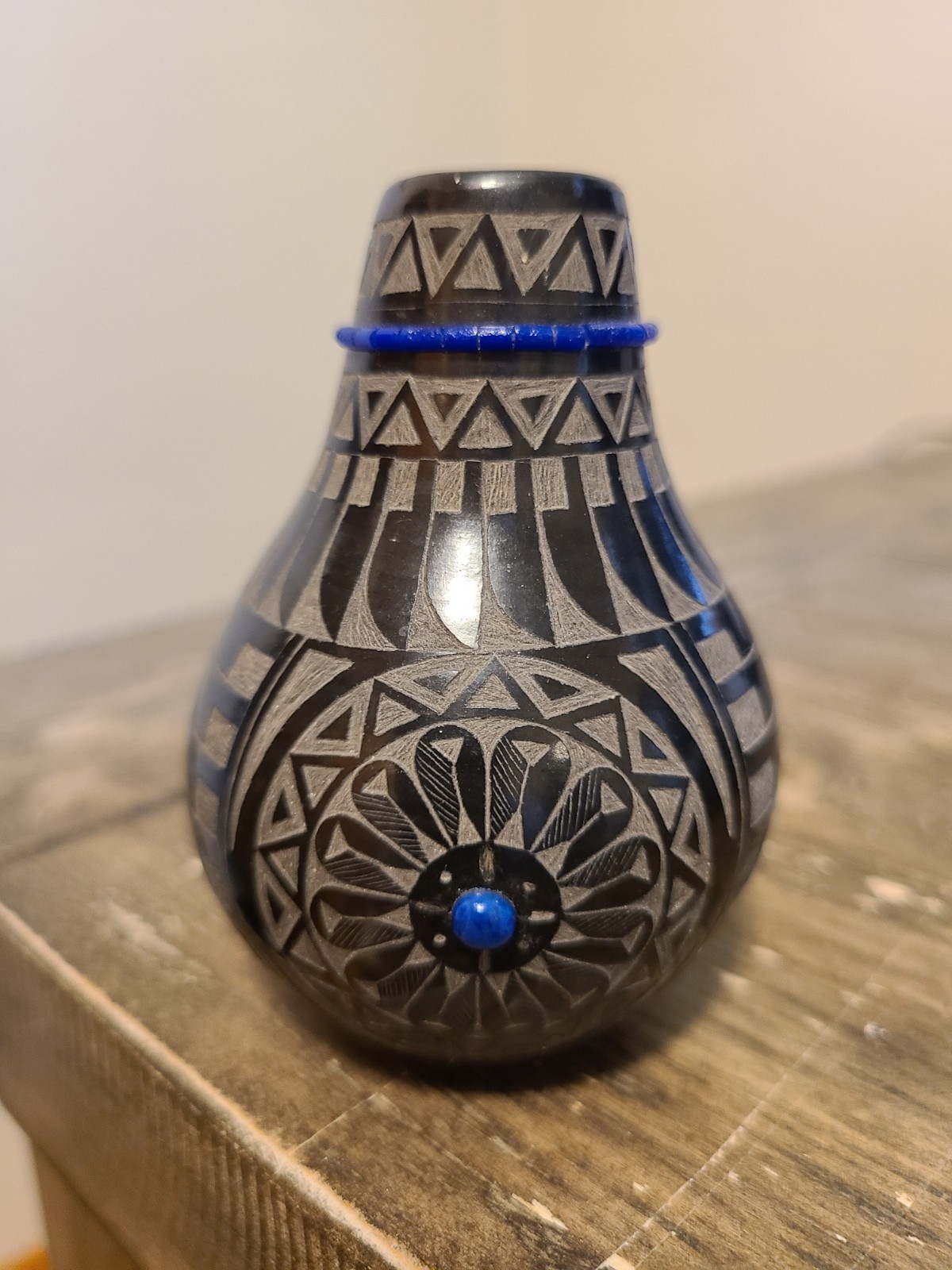 Red Starr Sioux Black Sgrafitto Miniature Pot with Inlaid Blue Stone Red Starr Sioux Black Sgrafitto Miniature Pot with Inlaid Blue Stone