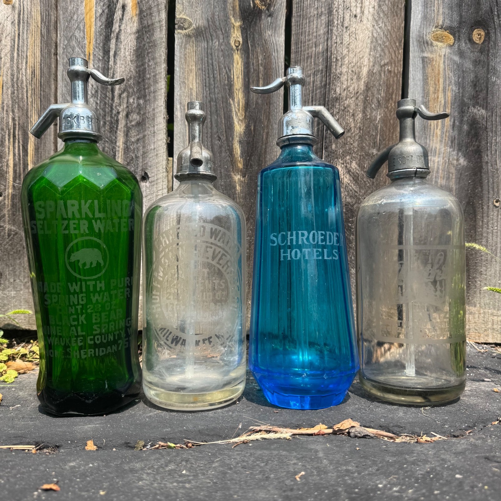 4 Wisconsin Antique Seltzer Bottles from Green Bay & Milwuakee, 2 clear 1 green 4 Wisconsin Antique Seltzer Bottles from Green Bay & Milwuakee, 2 clear 1 green