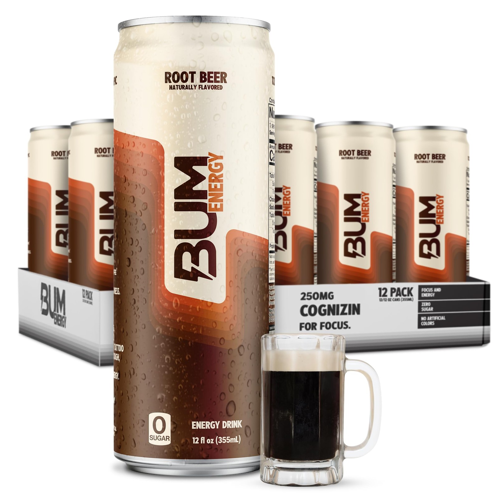 BUM Sugar Free Energy Drink, Nootropics, Root 12 Fl Oz (Pack of 12), Brown BUM Sugar Free Energy Drink, Nootropics, Root 12 Fl Oz (Pack of 12), Brown