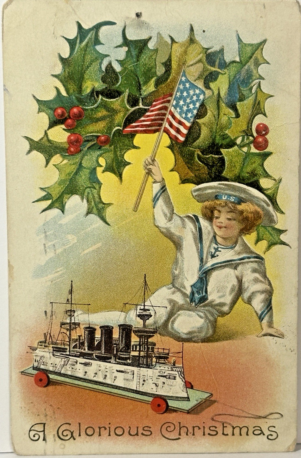 Christmas Postcard Patriotic Children USA Flag Steamship Sailor Suit Glorious