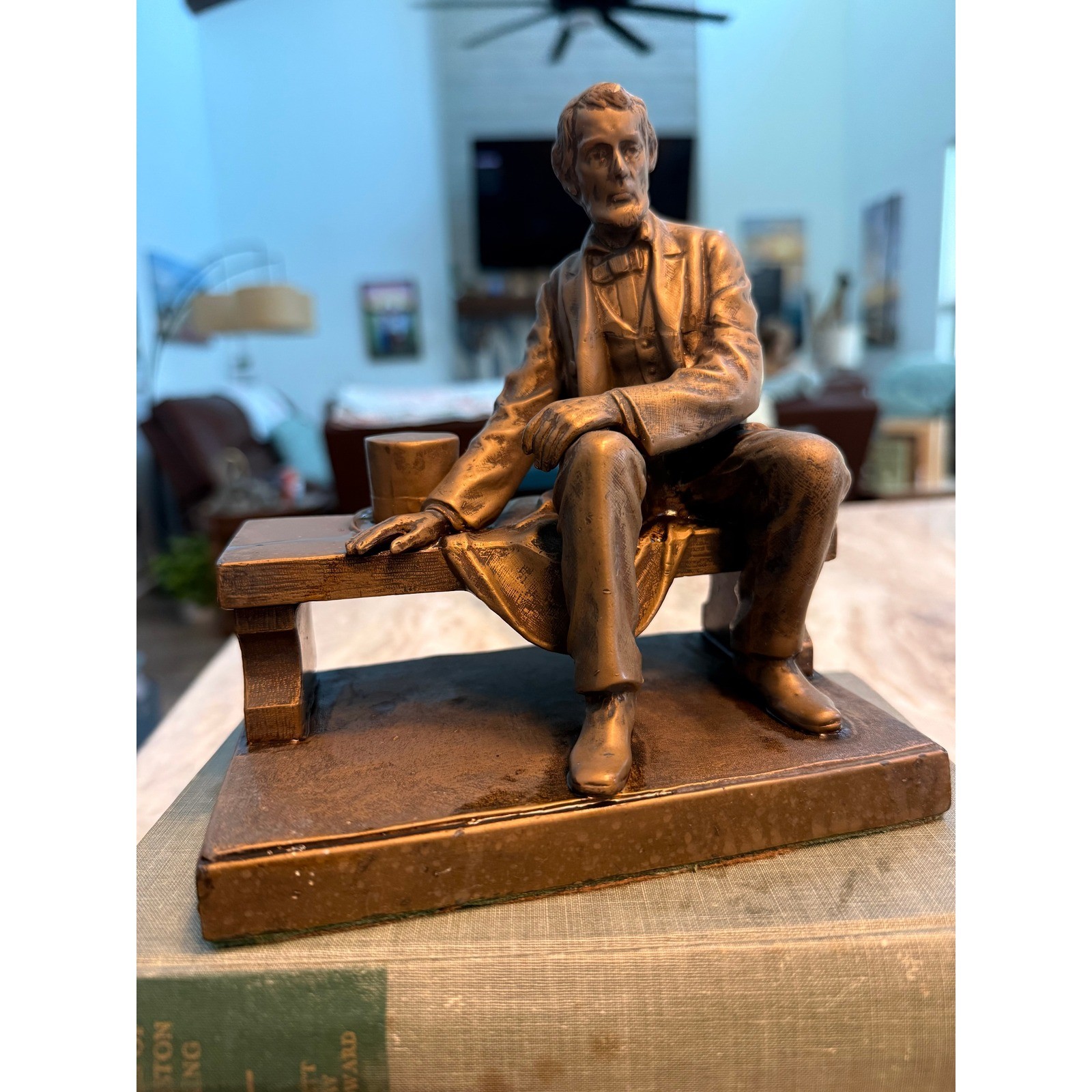 Vintage Abraham Lincoln Seated on Bench Bronze Finish Metal Bookends Pair