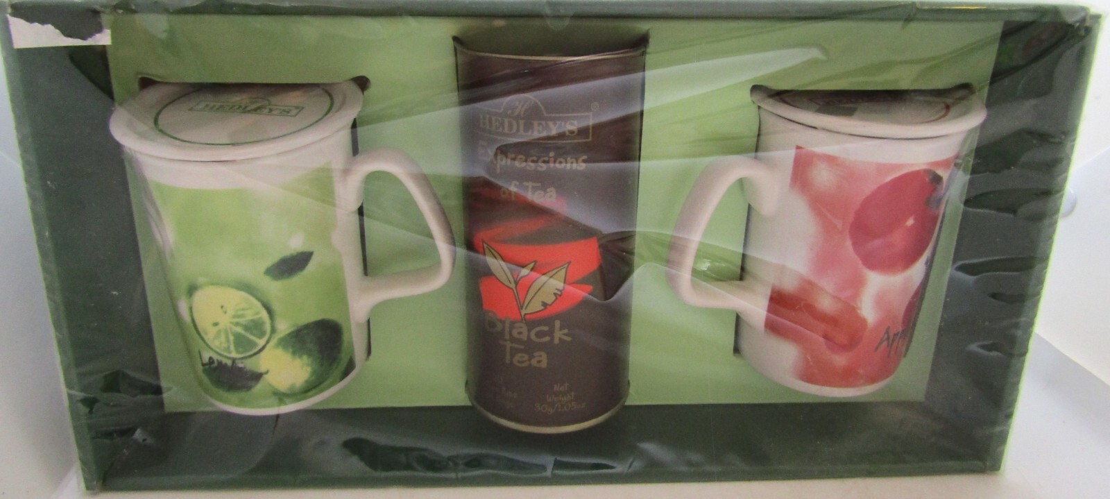 NEW Hedley\'s EXPRESSIONS OF TEA TEA BAGS AND 2 CERAMIC MUGS W LIDS LEMON APPLE