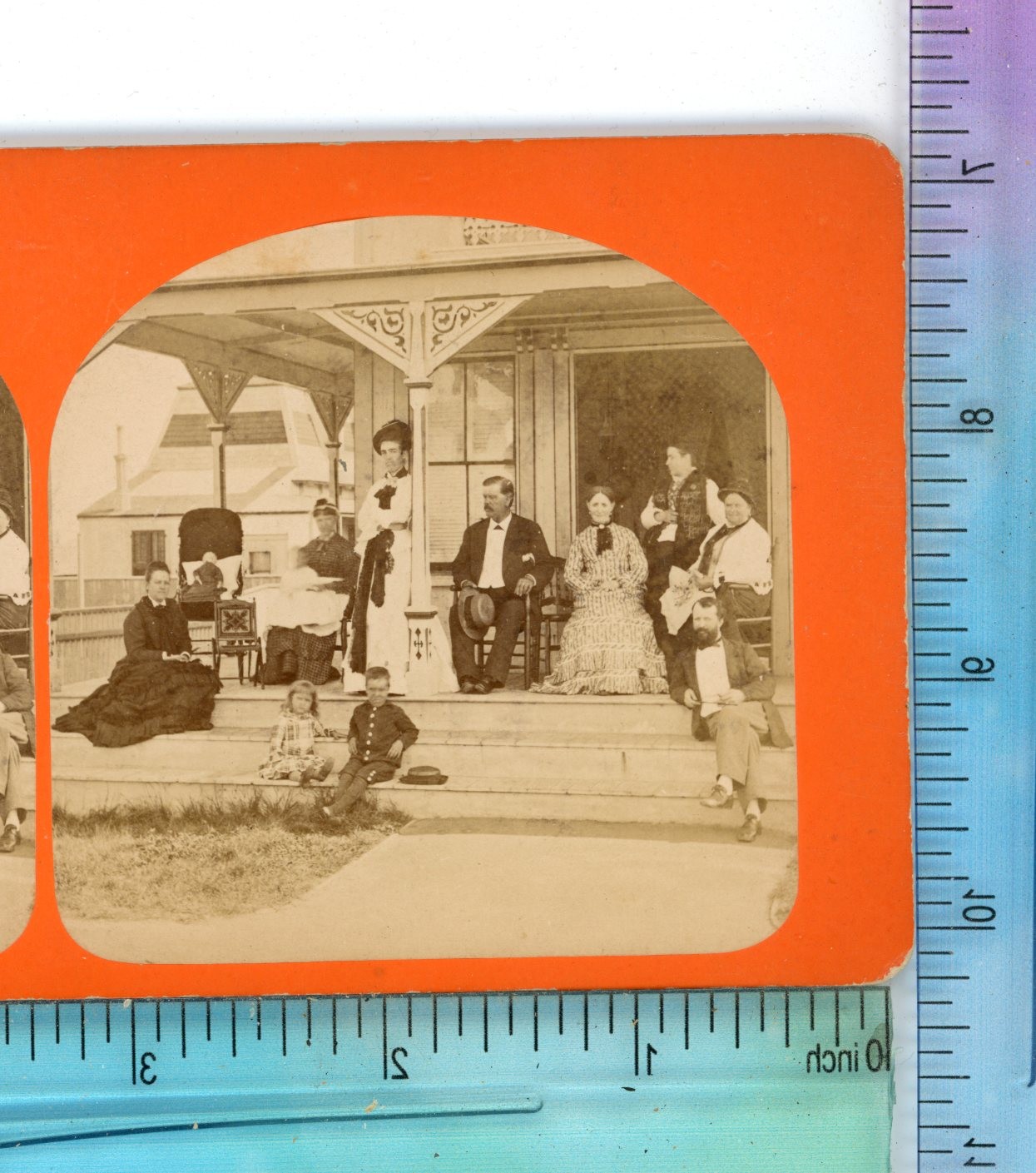 Jamie & Mabel Family on Porch Unknown Location Stereoview