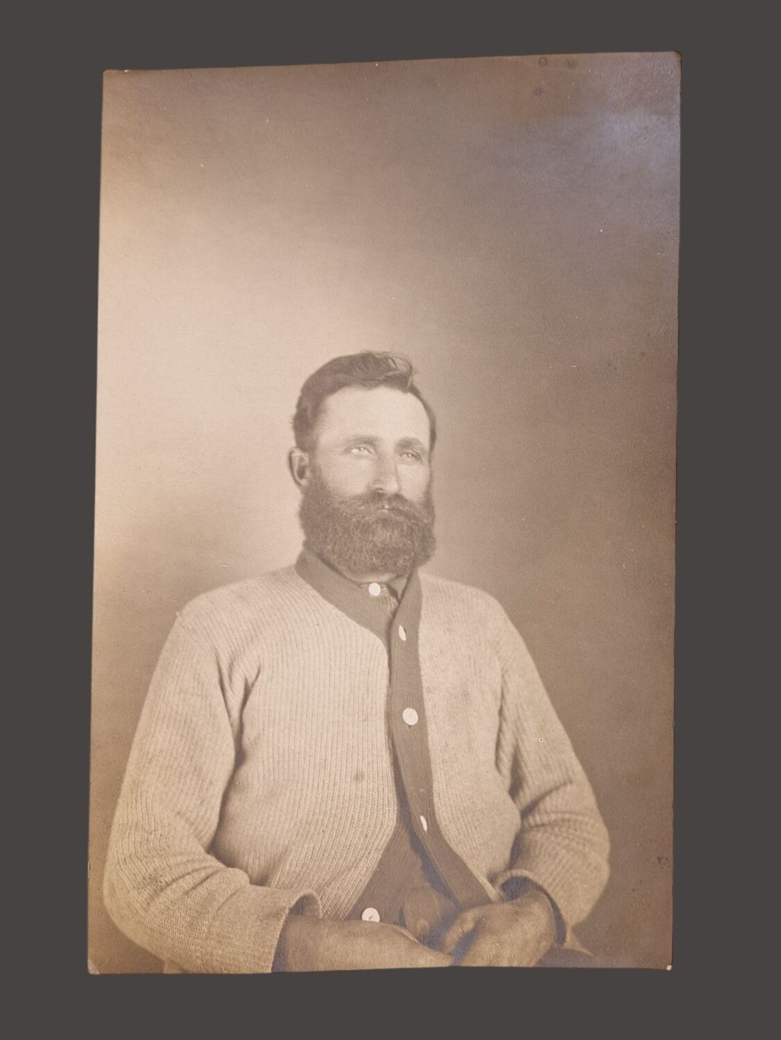 Antique Real Photo Postcard RPPC Bearded Man Cardigan Circa 1908 Sepia Bill Kate Antique Real Photo Postcard RPPC Bearded Man Cardigan Circa 1908 Sepia Bill Kate