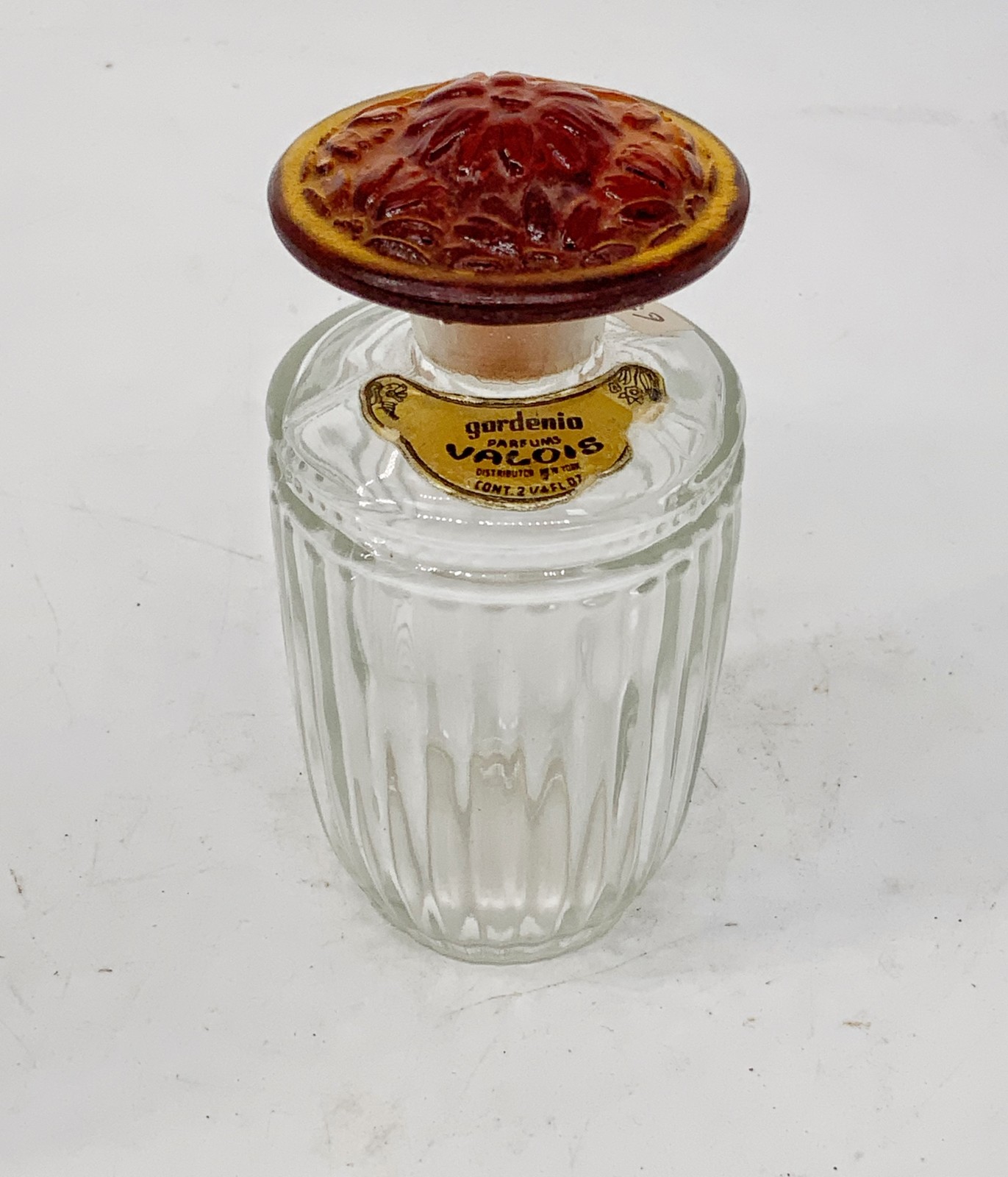 Art Deco vintage French Gardenia Valois art glass perfume bottle Amber stopper