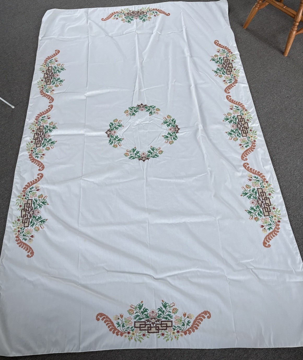 Beautiful Large White Tablecloth With Hand Cross Stitch 58” X 98”