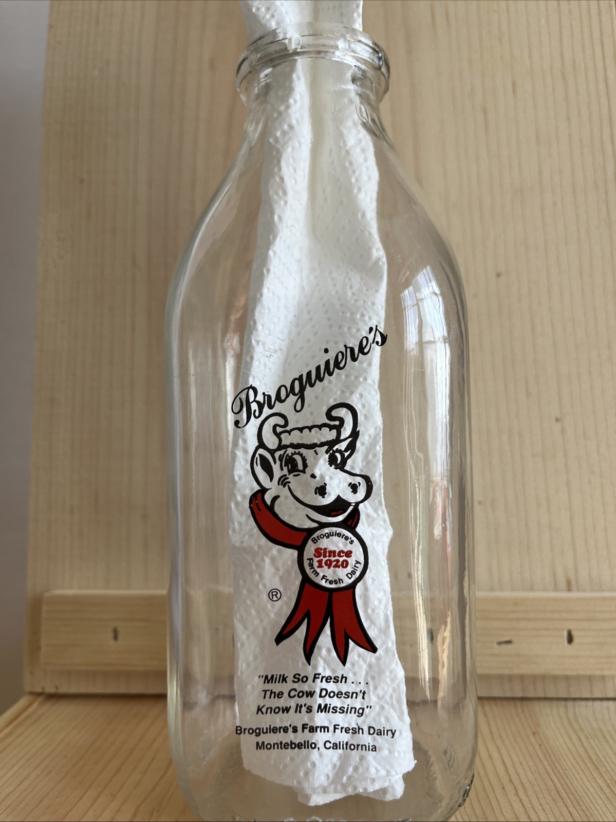 Vintage Broguiere’s Farm Fresh Dairy Since 1920 - Glass Milk Jar - One Quart