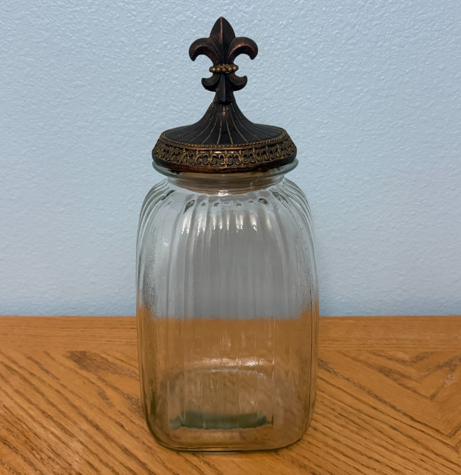 Vintage Fleur De Lis Clear Ribbed Glass Storage Canister Very Large 15.5