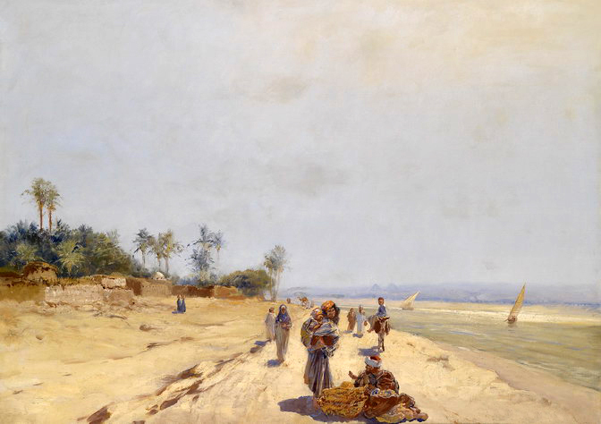 Stunning Oil painting people on beach by ocean & sail boats  cost