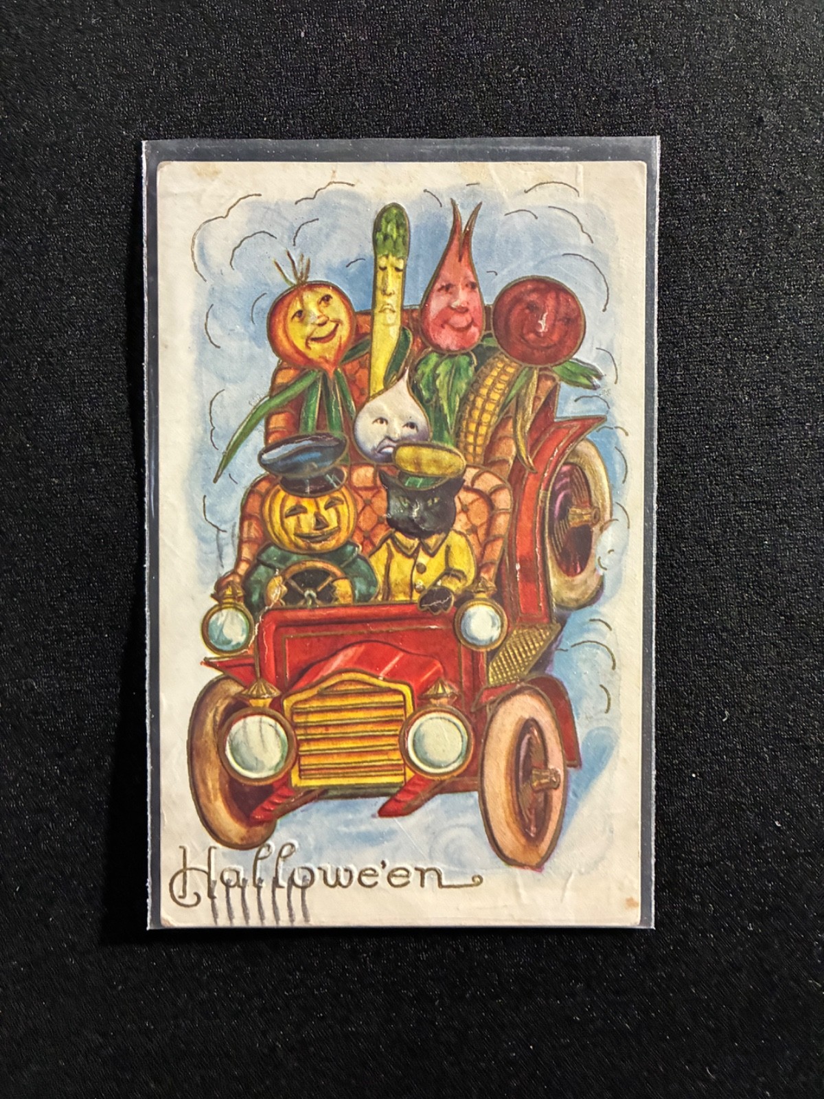 Vtg 1910s Halloween Postcard Whitney JOL Pumpkin Vegetable Car Black Cat Embosse
