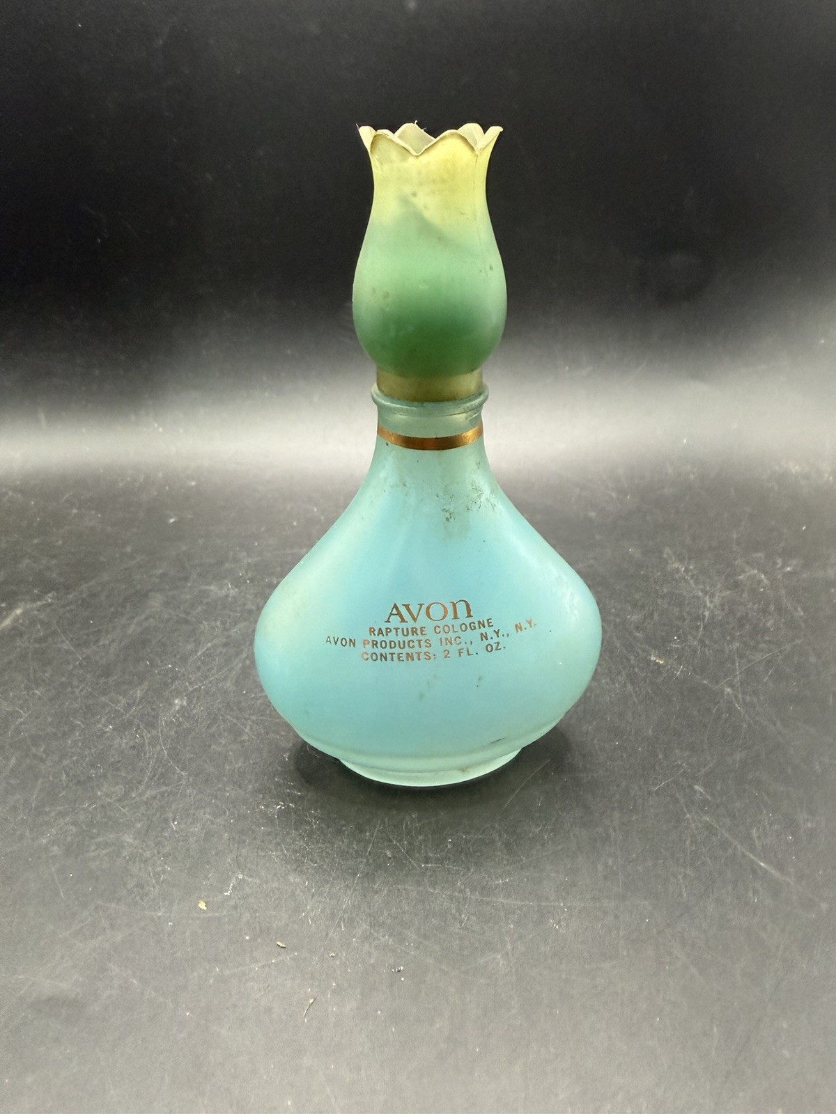 Vintage~Avon~Rapture~Glass Perfume Bottle~2 Fl Oz~Frosted Blue Green~Empty