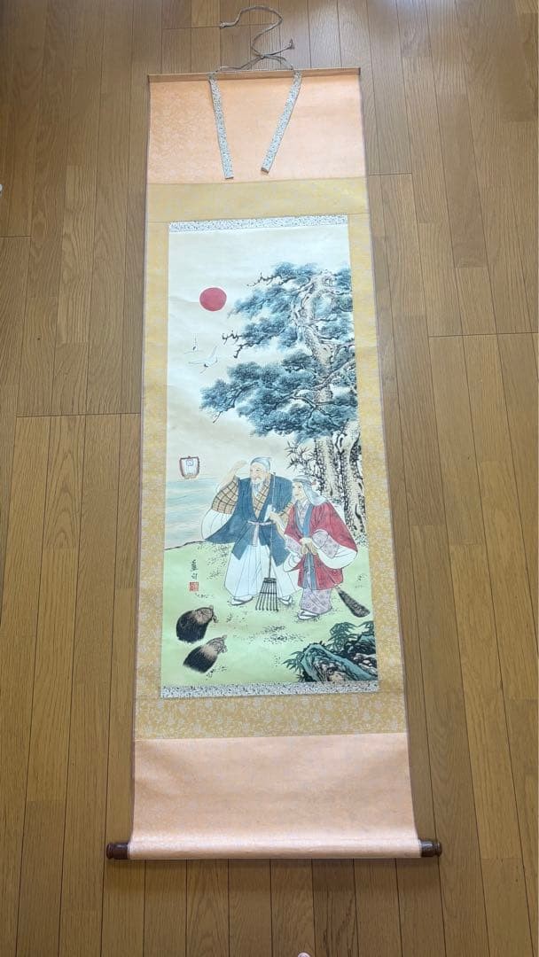 Antique Japanese Hanging Scroll Takasago Long Life Calligraphy Art, 178cm