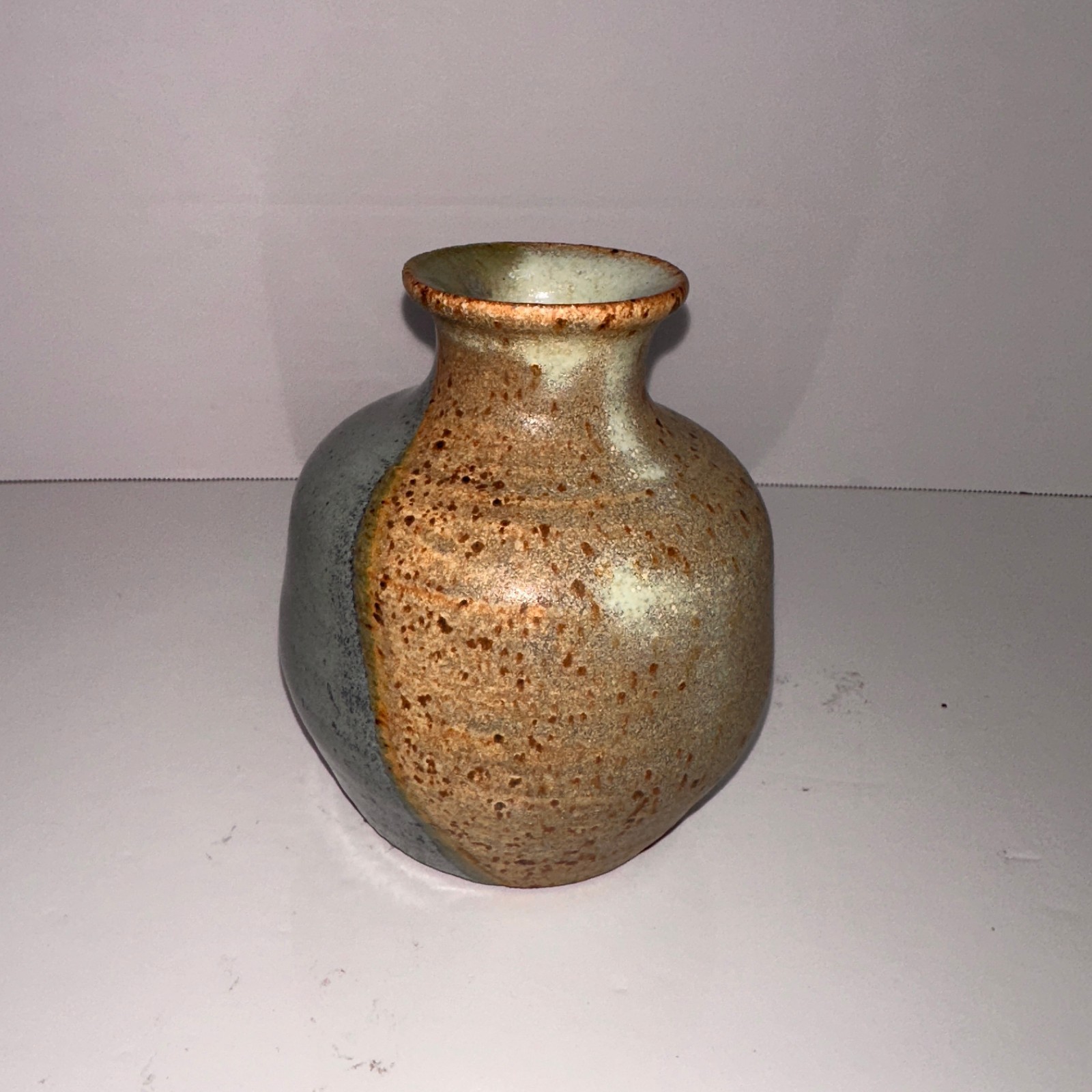 Vintage Ceramic Stoneware Pottery Vase Blue & Tan Drip Speckled Glaze 5\