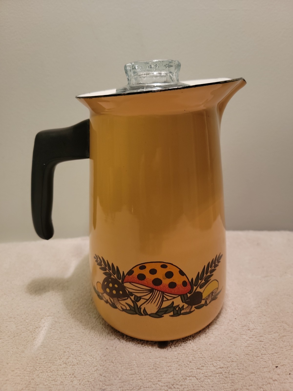 Vintage 1970s Sears Merry Mushroom Gold Enamelware Coffee Pot Percolator Pitcher