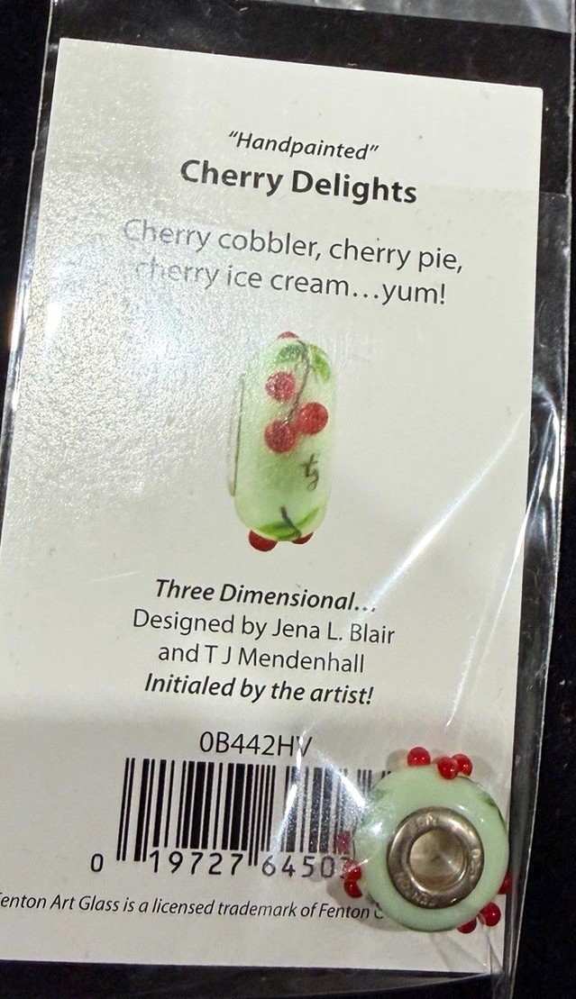 Fenton Art Glass Handpainted Cherry Delights Glass Bead, Sterling Silver Lined