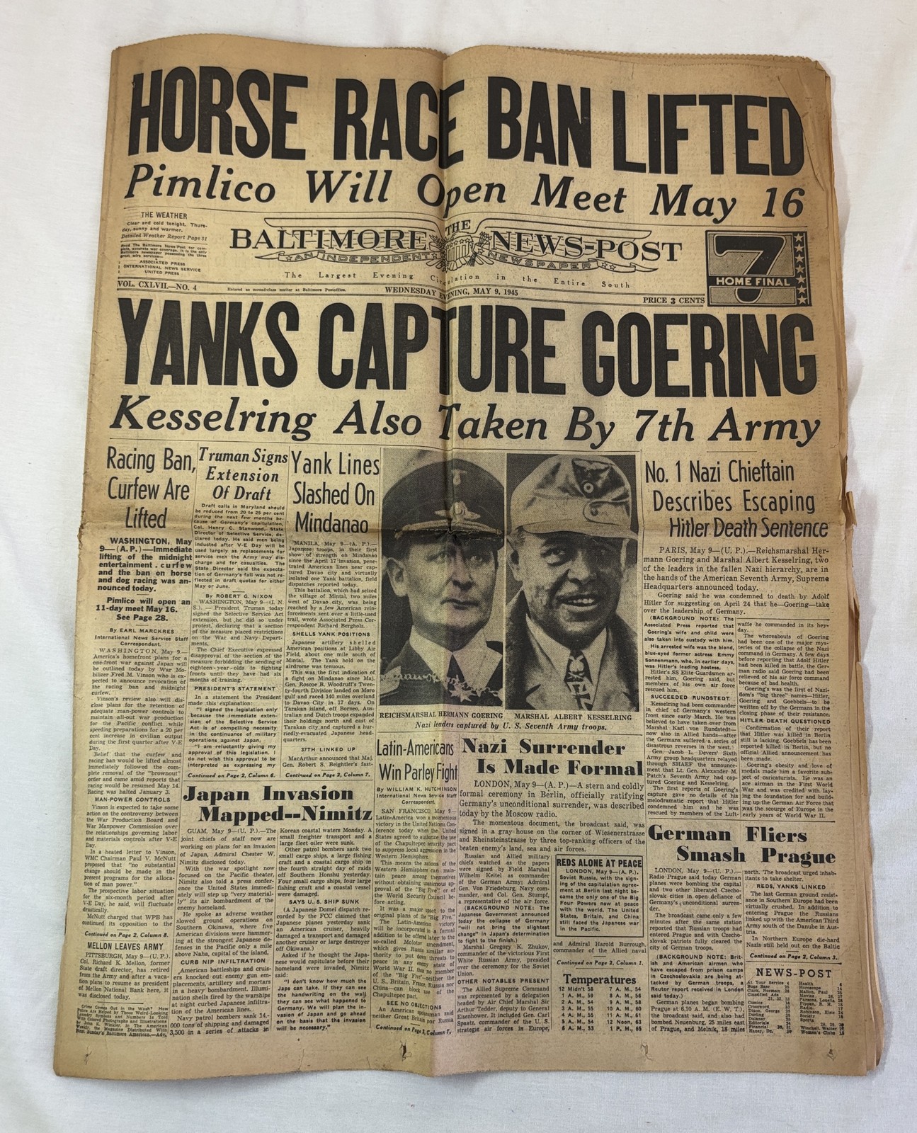 WWII May 9, 1945 Baltimore News-Post newspaper A section ~ YANKS CAPTURE GOERING