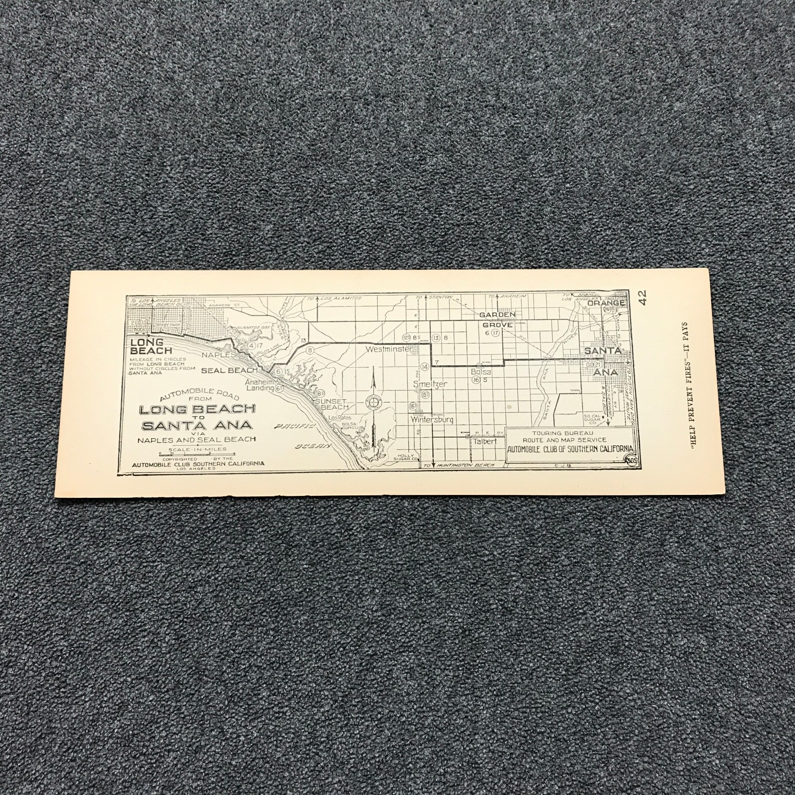 1915 AAA Auto Club SoCal Long Beach to Santa Ana via Naples Road Map #42 Vintage