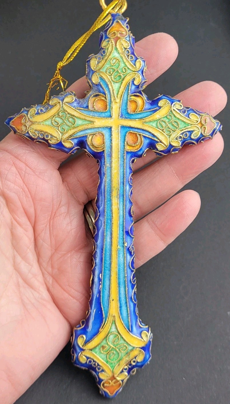 Vintage Enamel Cloisonne Cross Crucifix Pendant Ornament Blue Multicolor. 