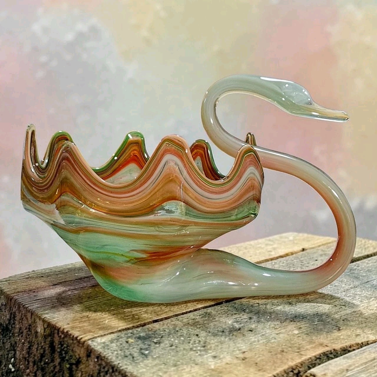 Mid Century Vintage Sooner Art Glass Mint Green & Orange Hand Blown Swan Dish Mid Century Vintage Sooner Art Glass Mint Green & Orange Hand Blown Swan Dish