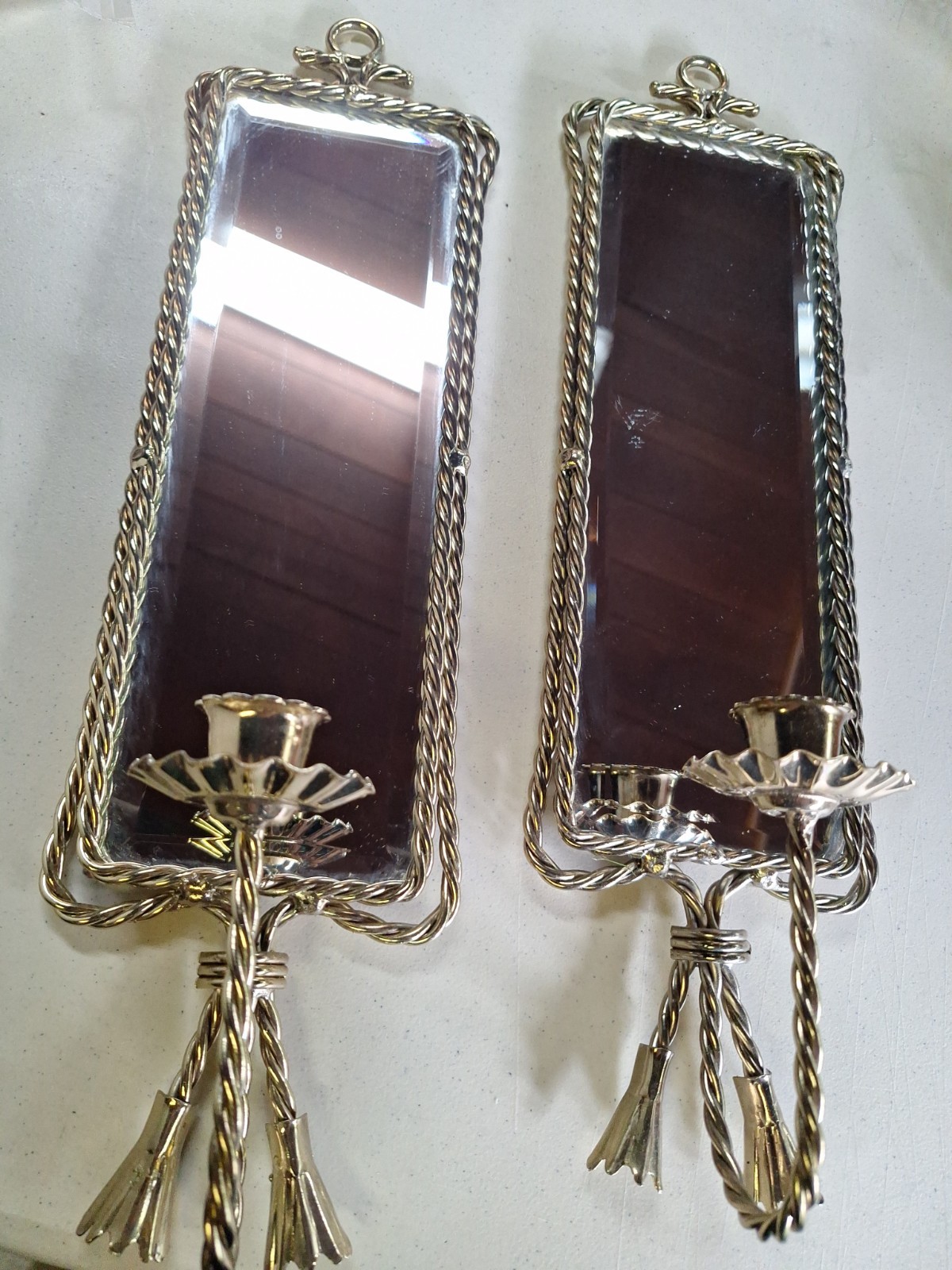 VINTAGE HOLLYWOOD REGENCY STYLE MIRROR WALL CANDLE SCONCE GOLD TONE TWISTED ROPE