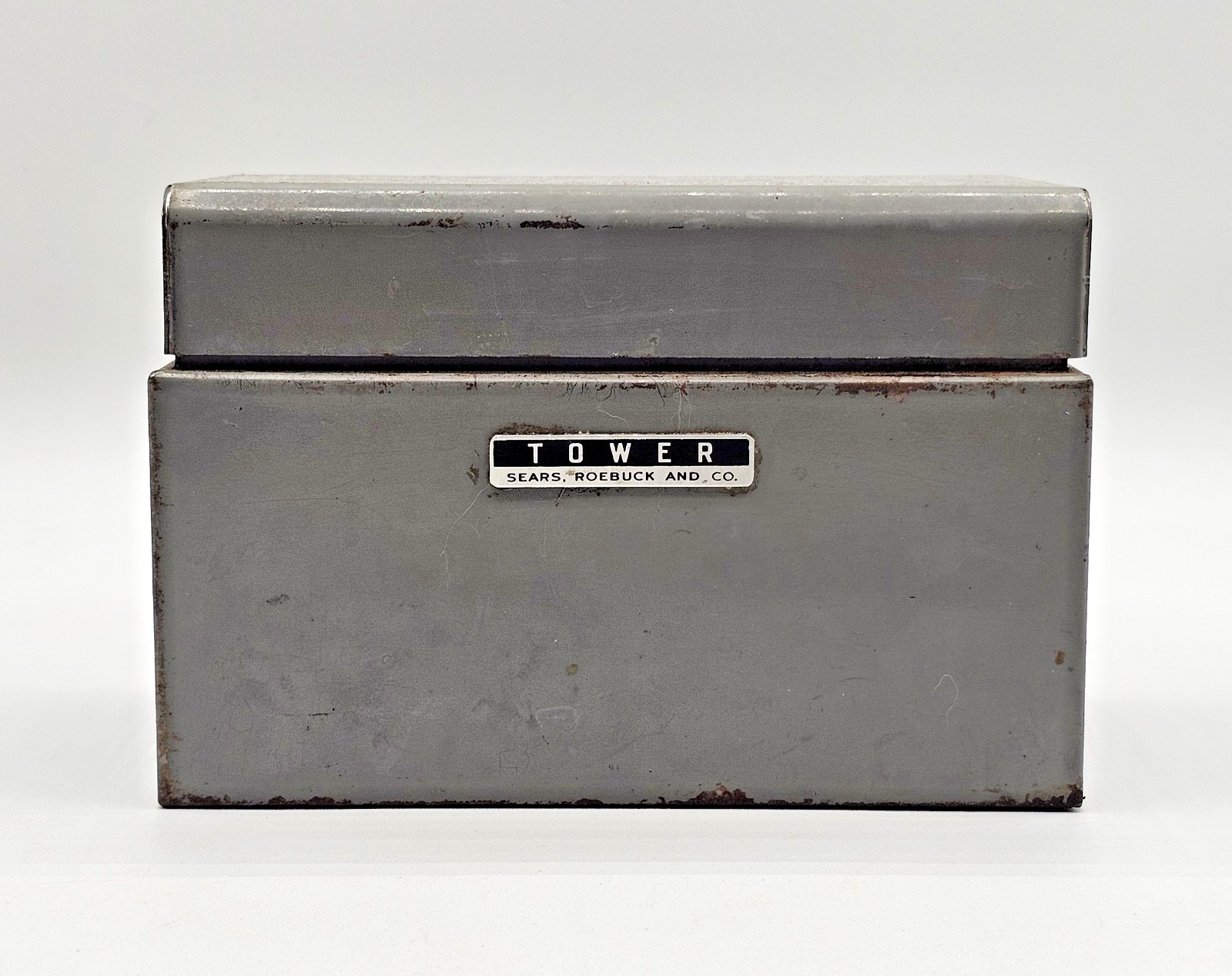 Vintage Sears Roebuck And Co. Metal File Box Recipe Card Holder Gray Hinged Lid