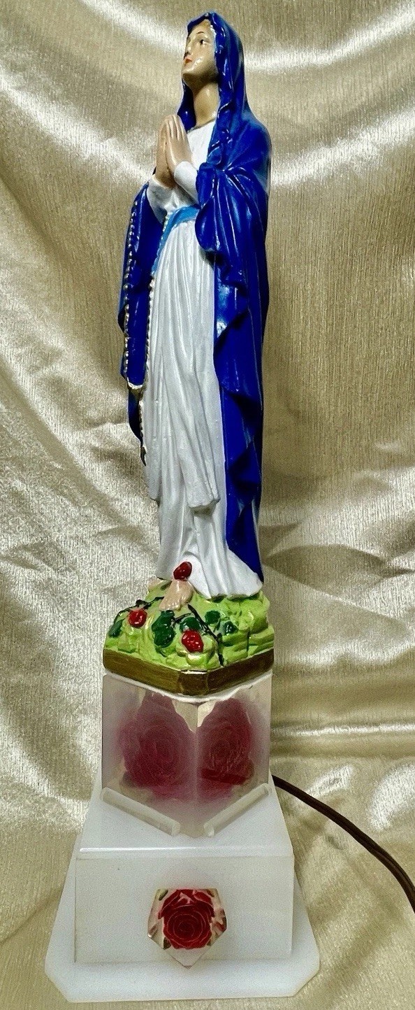 Our Lady of Lourdes Chalkware Statue On Lucite Rose Lamp Light Vintage