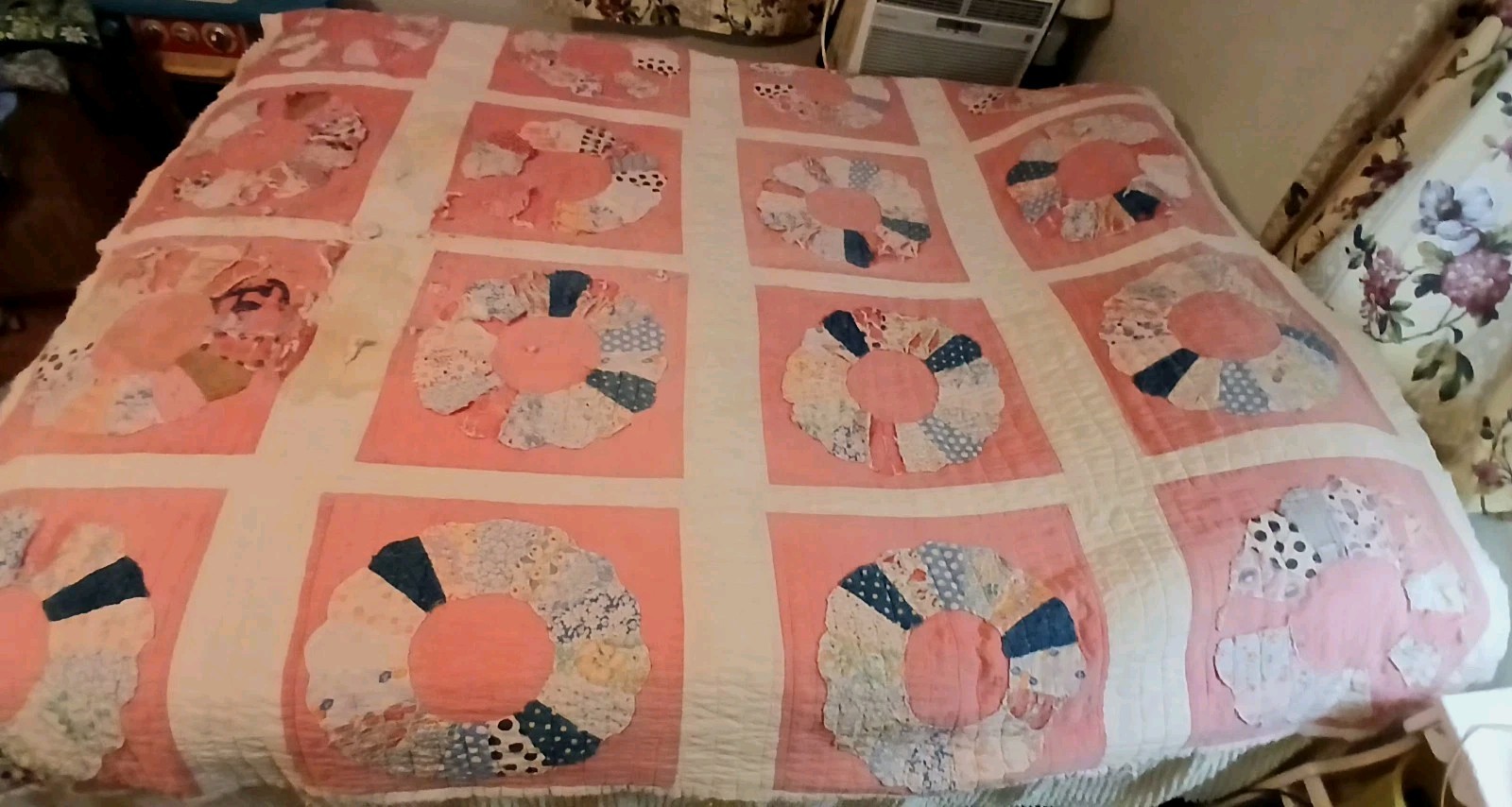 ANTIQUE PINK DRESDON PLATE HANDSEWN COTTON FEEDSACKS AS-IS CUTTER QUILT 80\