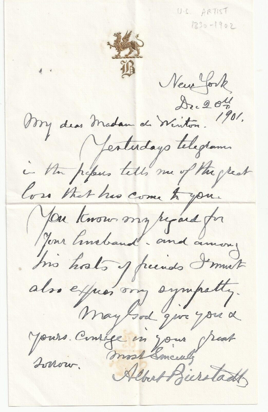 ALBERT BIERSTADT Handwritten Letter Signed (1901) with Envelope – Rare