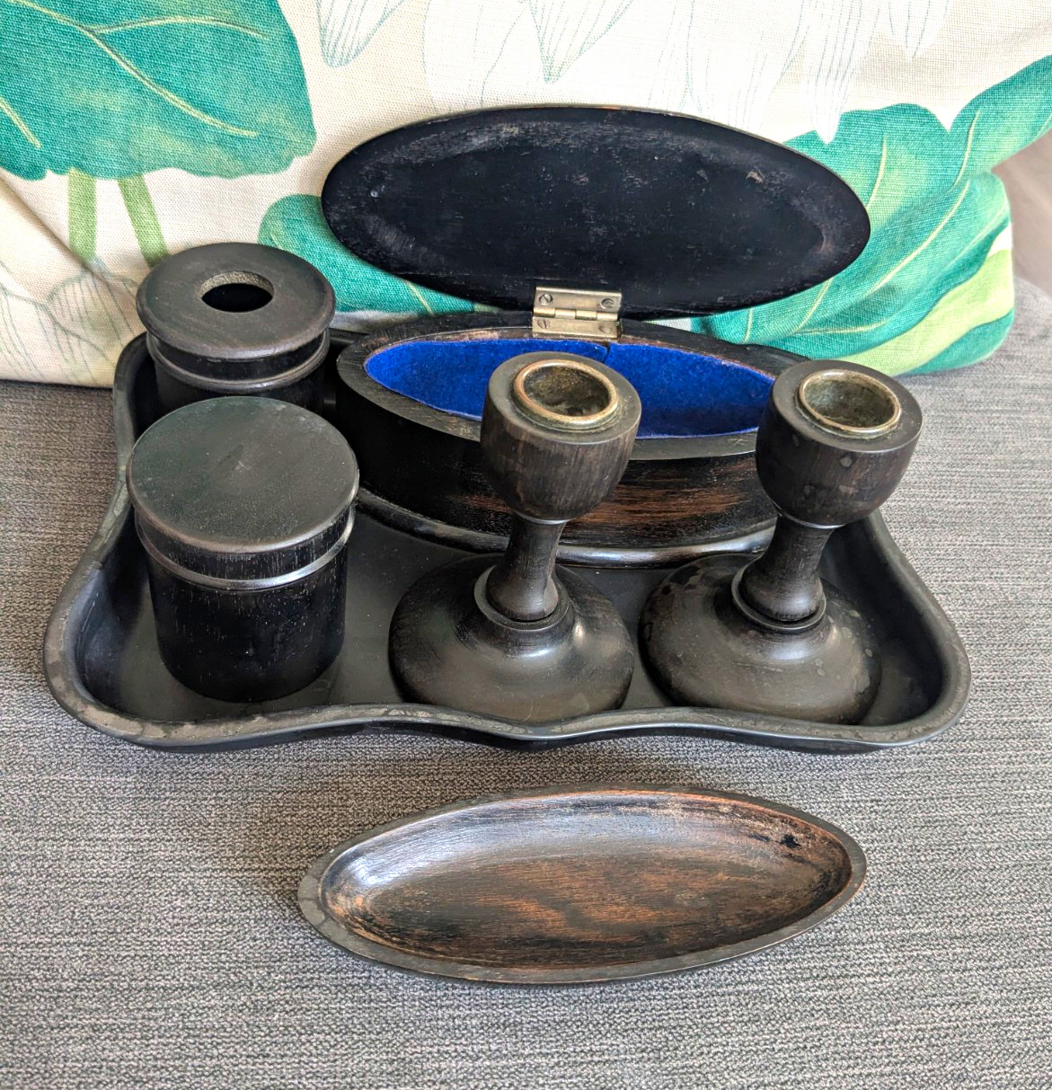 Antique Real Ebony Wood & Vtg Plastic Vanity Dressing Table Set Tray Candle Hold