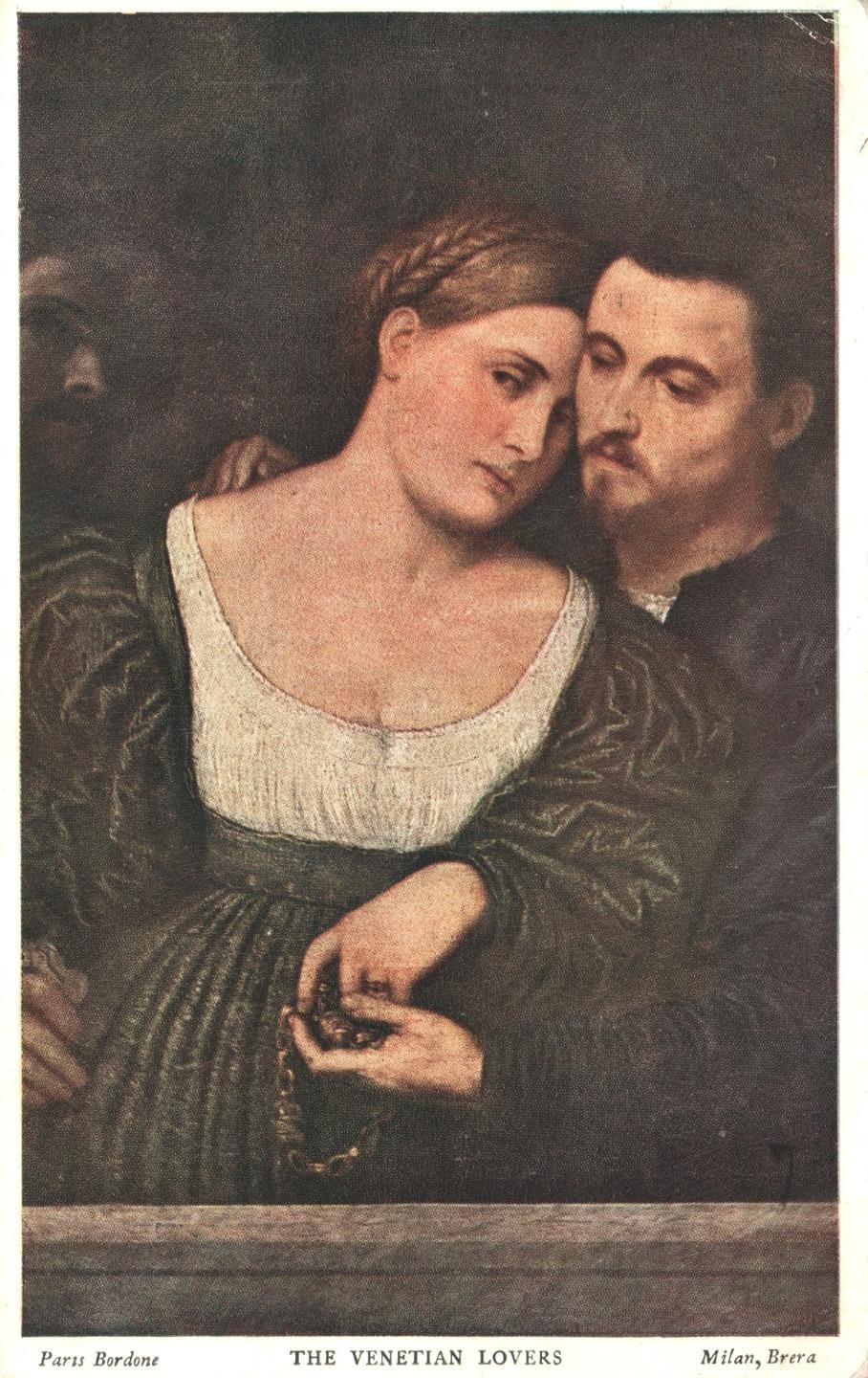 1944 Milan, Brera, The Venetian Lovers POSTCARD - to Abbey Road, Great Malvern