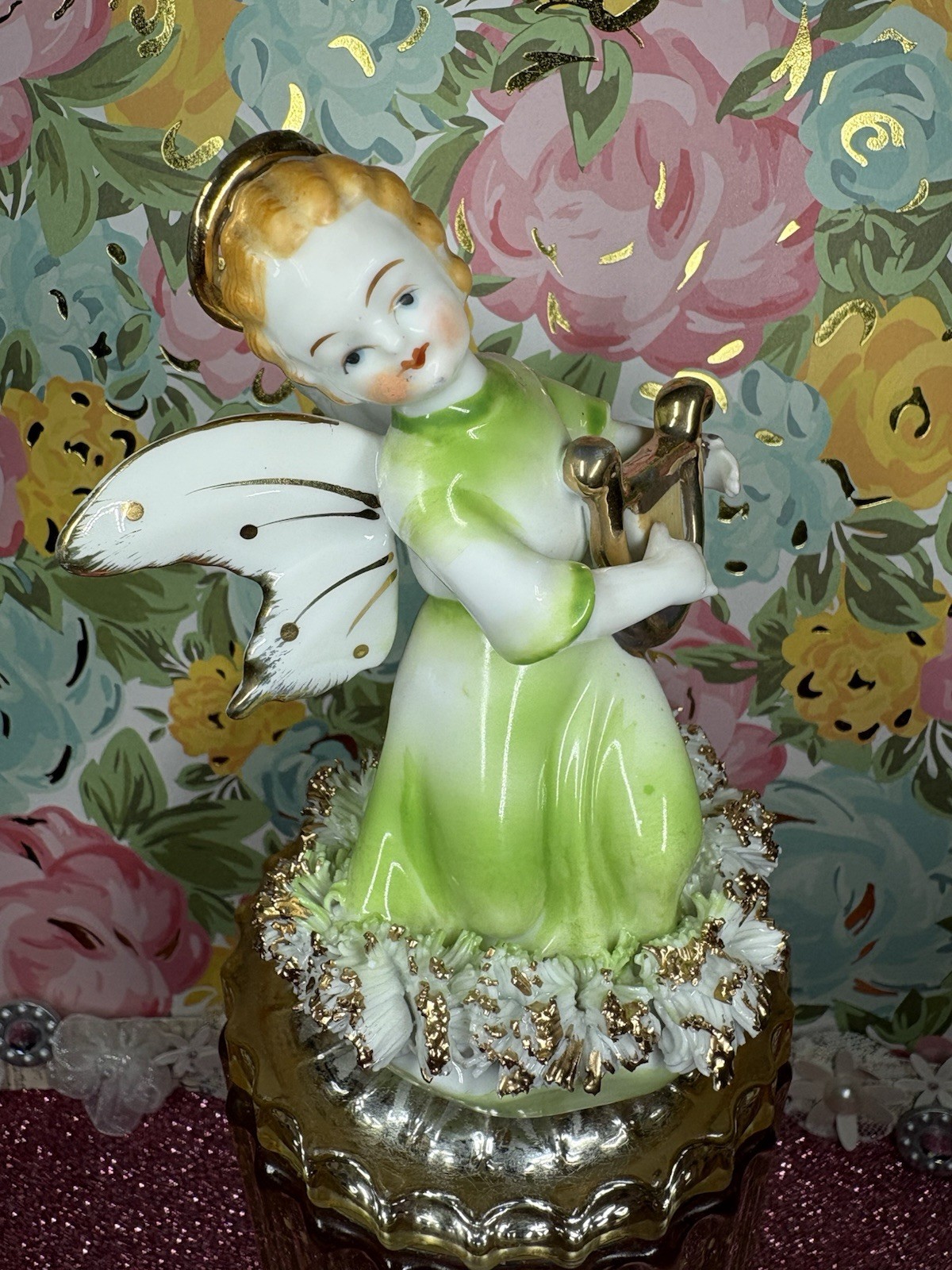Vtg Ardalt Angel Girl In Green Dress Holding Lyre Harp Christmas Figurine Japan Vtg Ardalt Angel Girl In Green Dress Holding Lyre Harp Christmas Figurine Japan