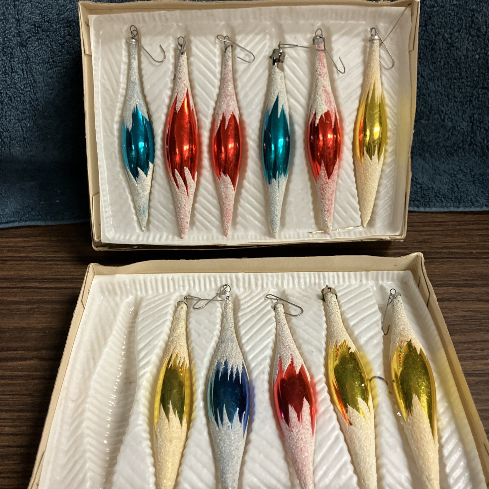 Vintage Kresge Glitter Frosted Teardrop Blown Glass Christmas Ornaments 11 Total