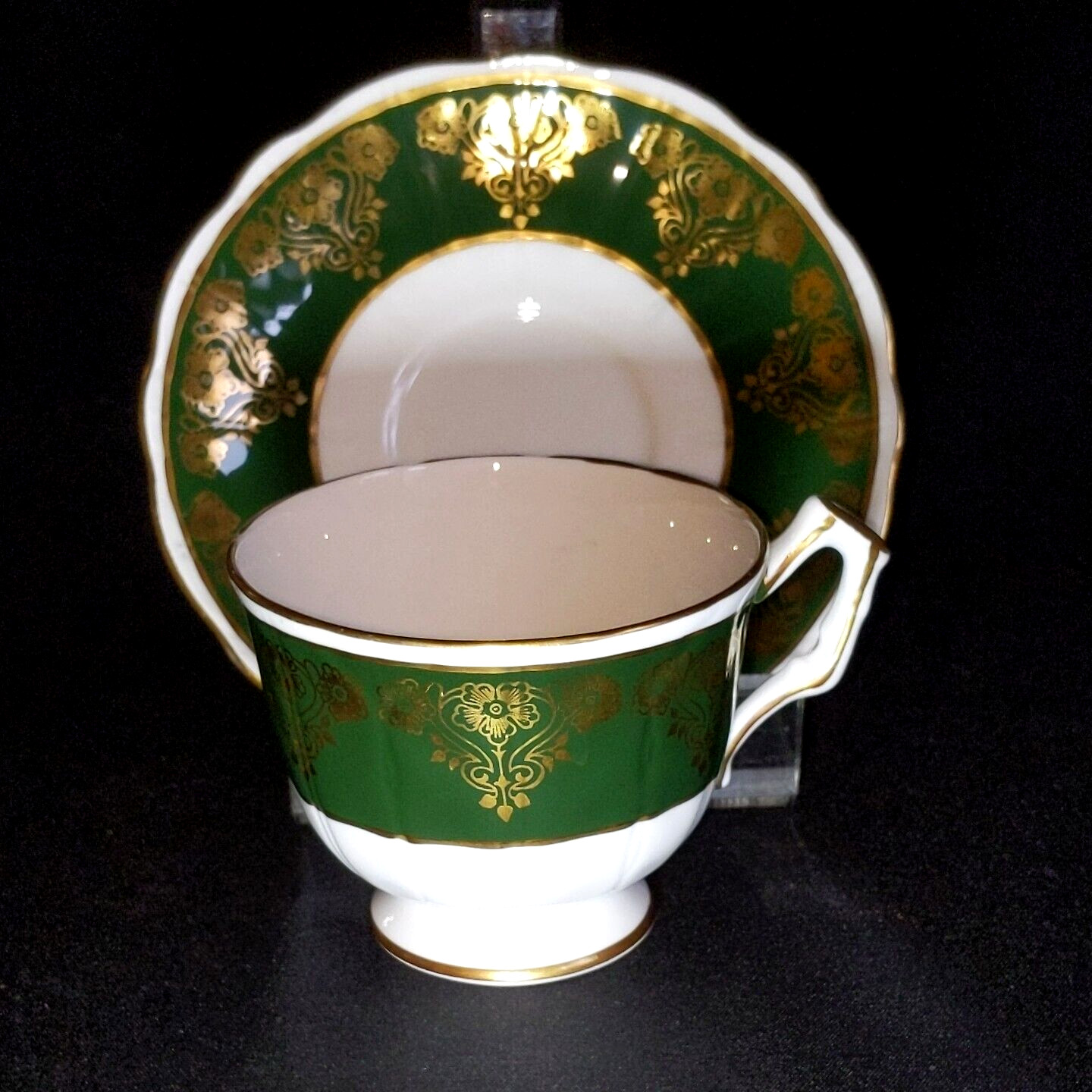 AYNSLEY GREEN & GOLD TEA CUP & SAUCER, #2903, Porcelain, Made in ENGLAND