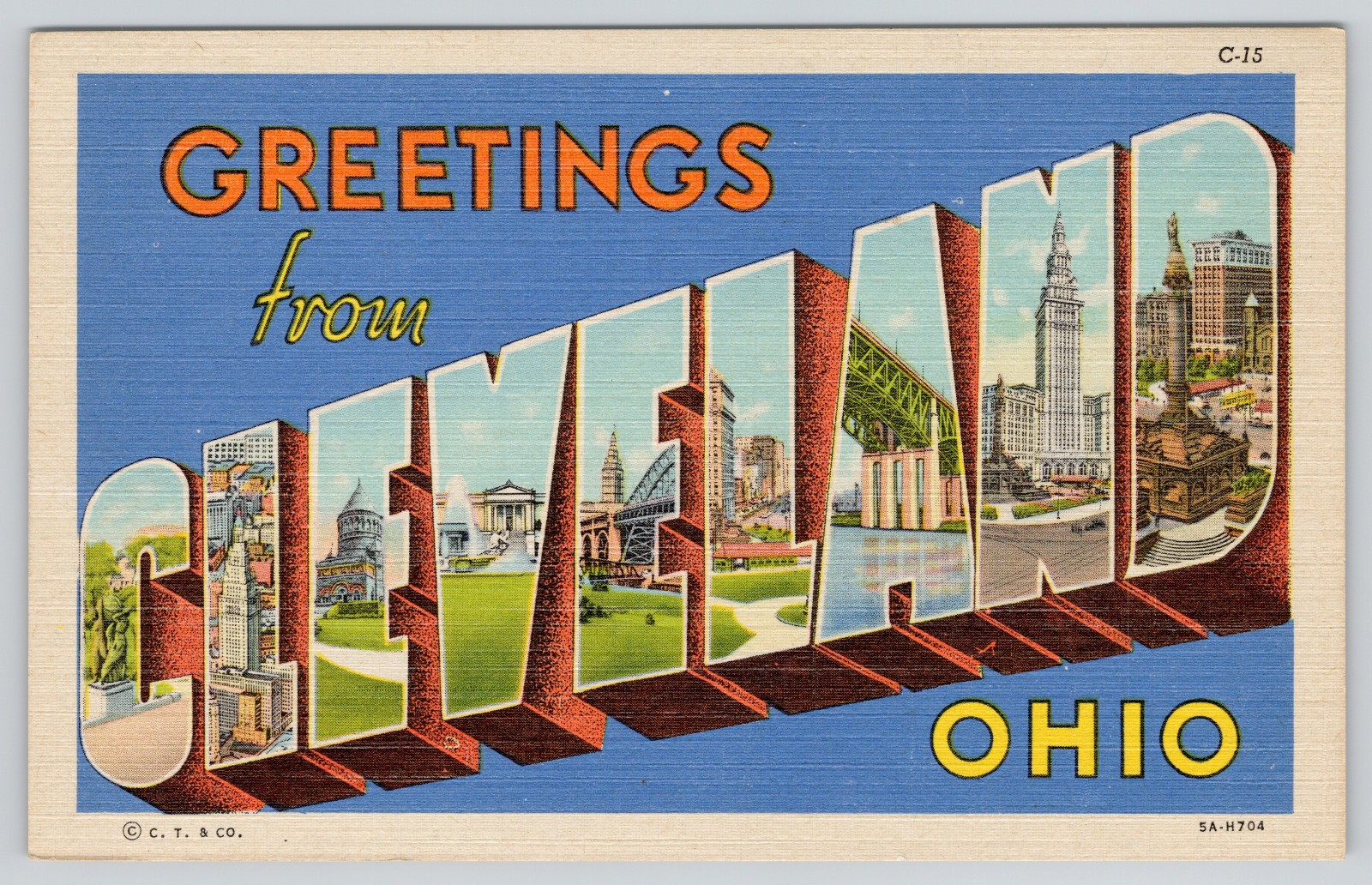 Cleveland OH Postcard Large Letter Linen Genuine Curt Teich Ohio Vintage Old