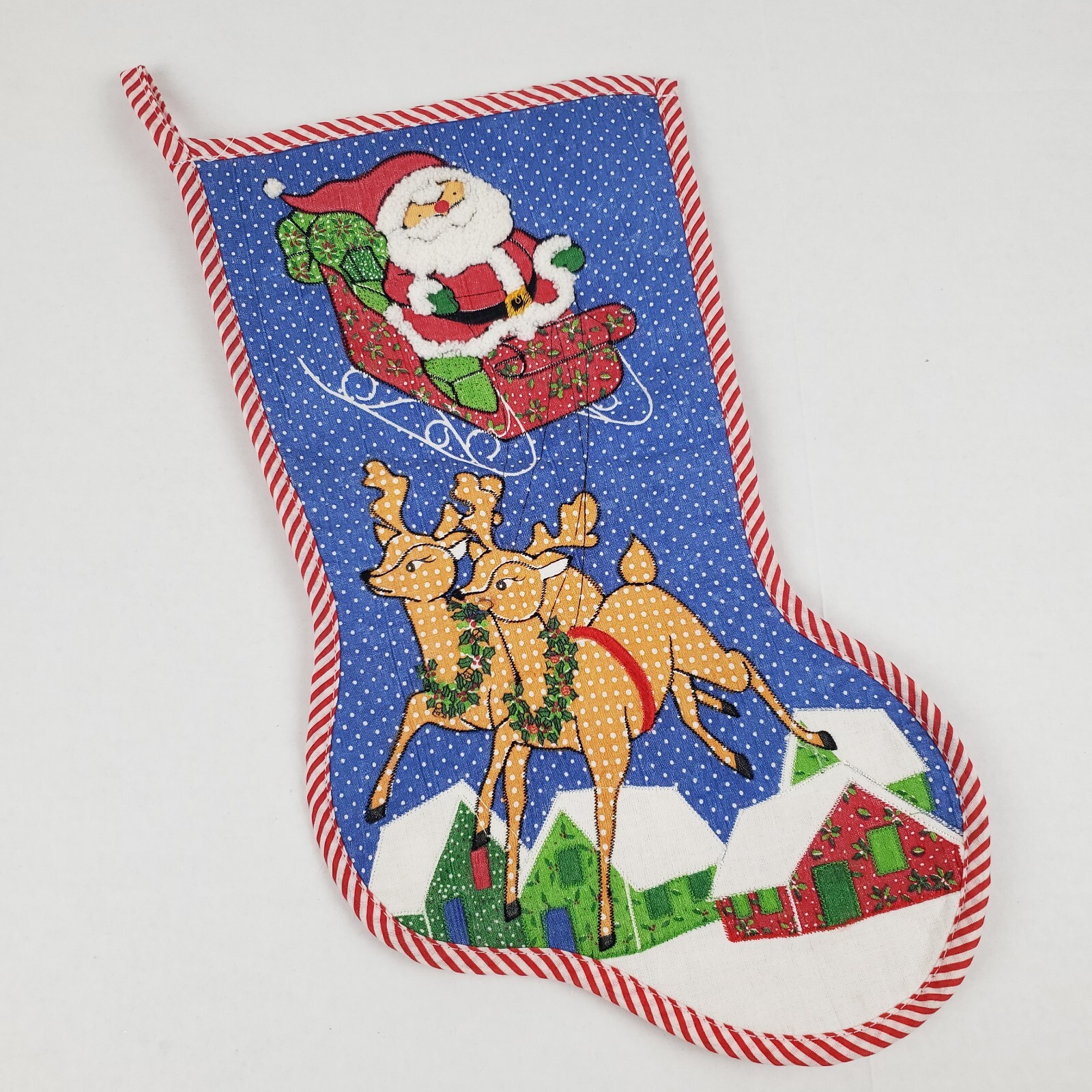Vintage 80s Christmas Stocking Polka Dot Santa Sleigh Reindeer Fabric Applique