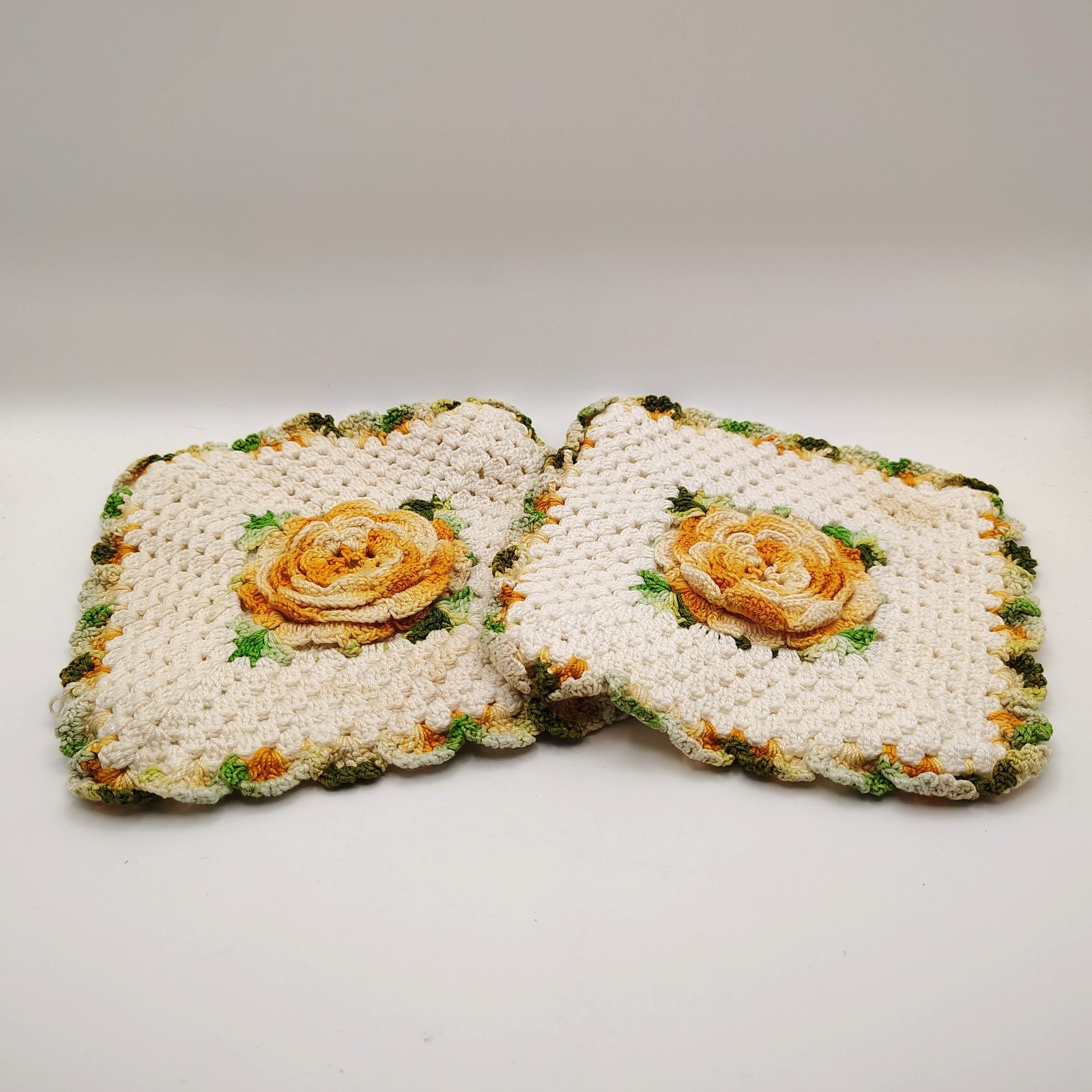 Potholders Handmade Crochet 3D Yellow Flowers Set Of 2 Used Vintage Potholders Handmade Crochet 3D Yellow Flowers Set Of 2 Used Vintage