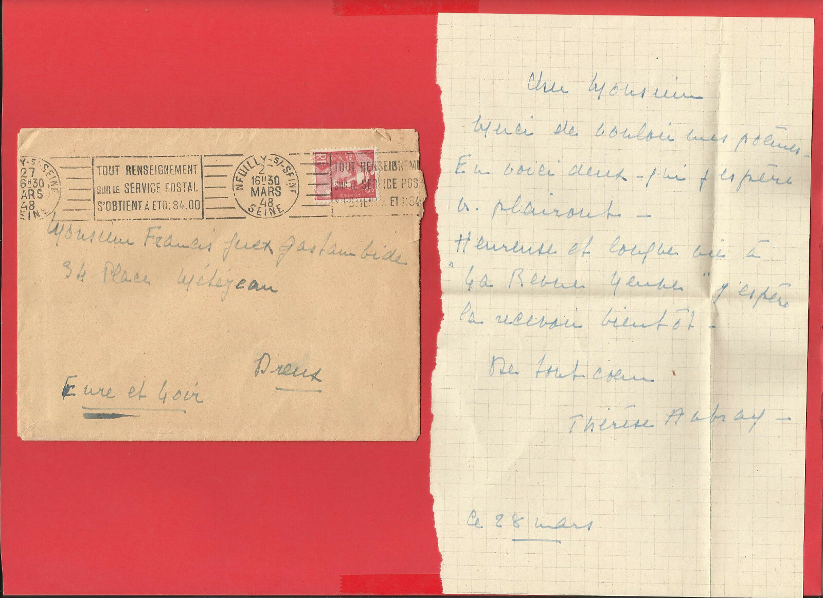 BF38-L.A.S+2 AUTOGRAPH POEMS.S-THERESE AUBRAY-[ANOTHER DAY]-[HOLIDAYS]1948