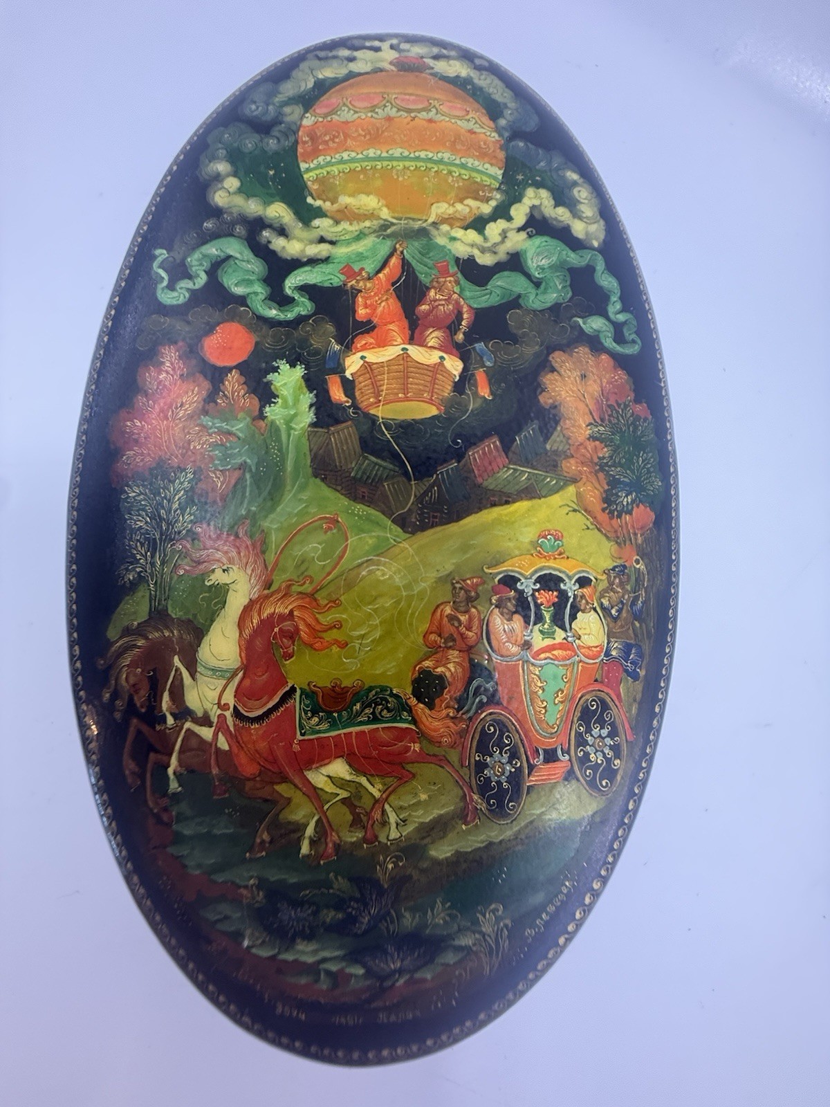 Vintage Russian Lacquer Box Palekh Troika Hot Air Balloon Signed Made in USSR