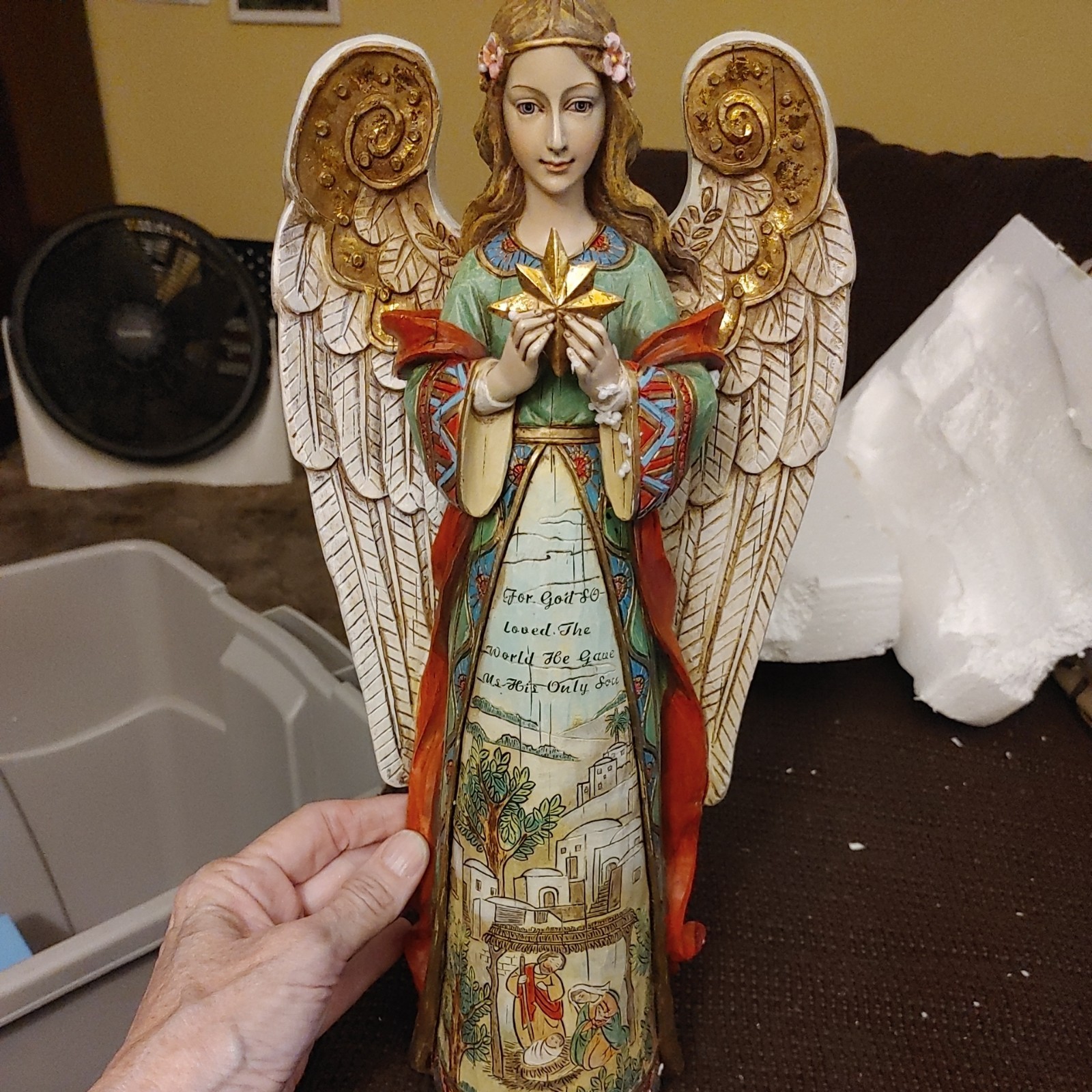 Vintage 2005 Roman, Inc Angel Statue Holding Star Resin / Wood Look 15.5\ Vintage 2005 Roman, Inc Angel Statue Holding Star Resin / Wood Look 15.5\